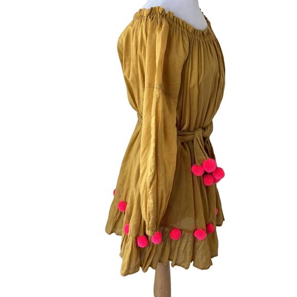 SUNDRESS Off the Shoulder Cotton Dress Beach Cover Up Pom Poms Gold Pink M/L - Picture 7 of 10